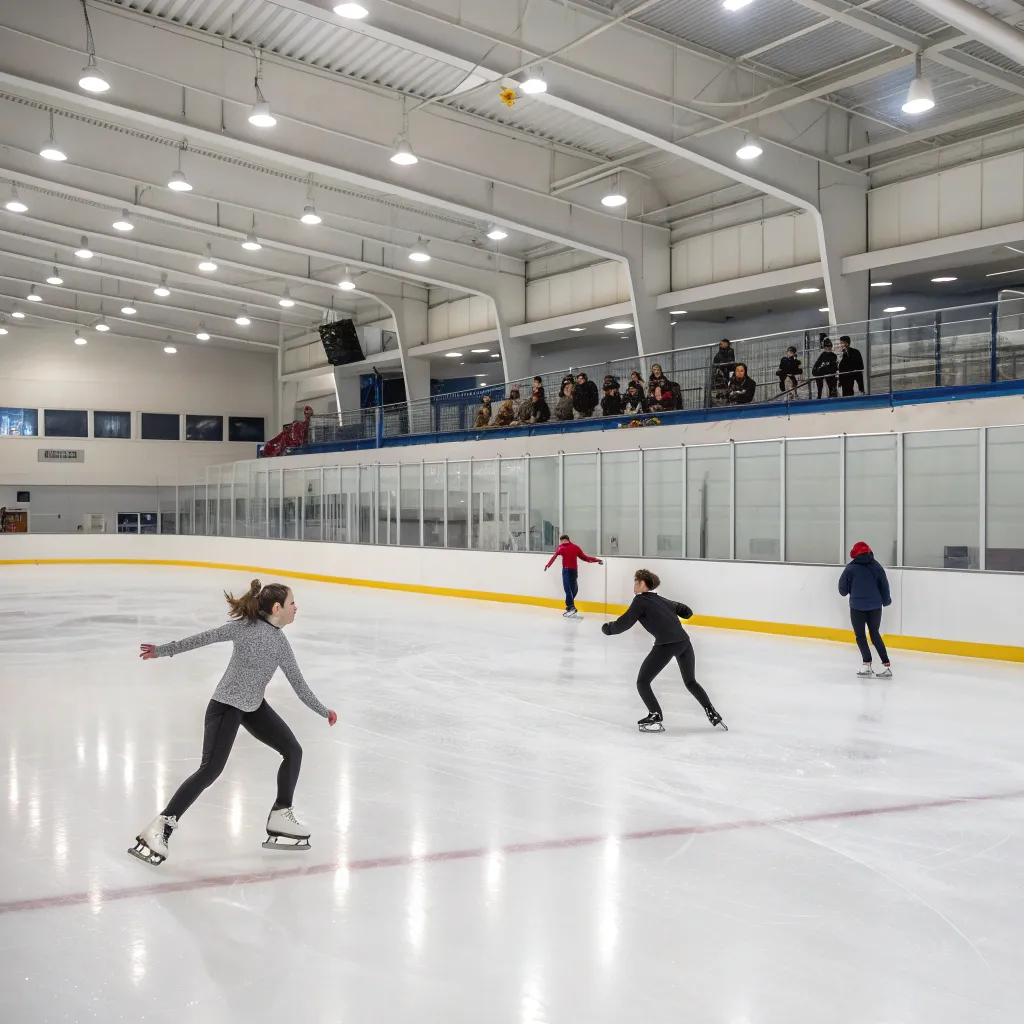 Students practicing in an indoor ice rink